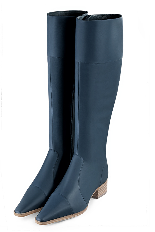 Denim blue women's riding knee-high boots. Tapered toe. Low leather soles. Made to measure. Front view - Florence KOOIJMAN